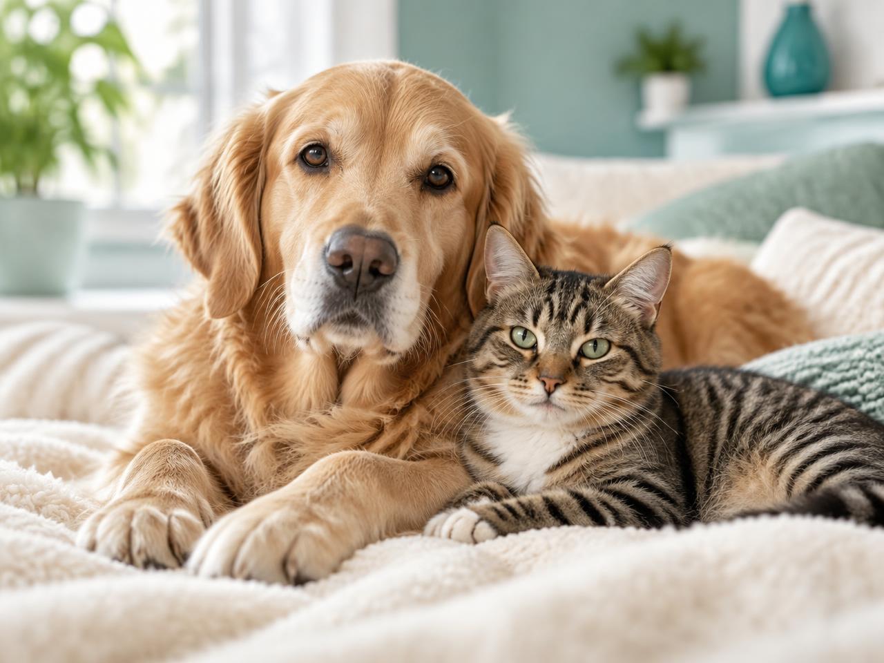 A relaxed dog and cat together at home